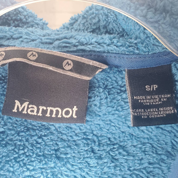 Marmot Blue Fuzzy Hooded Fleece Zip Front Jacket Sz Small - Picture 3 of 6